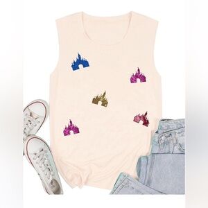 Magic Kingdom Sequin Castle Sleeveless Tank Top Apricot Size Small NEW